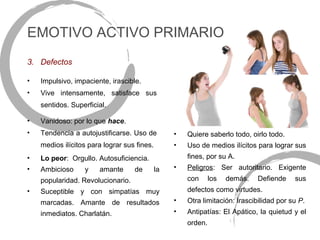 EMOTIVO ACTIVO PRIMARIO
3. Defectos

•   Impulsivo, impaciente, irascible.
•   Vive intensamente, satisface sus
    sentidos. Superficial.

•   Vanidoso: por lo que hace.
•   Tendencia a autojustificarse. Uso de          •   Quiere saberlo todo, oirlo todo.
    medios ilícitos para lograr sus fines.        •   Uso de medios ilícitos para lograr sus
•   Lo peor: Orgullo. Autosuficiencia.                fines, por su A.
•   Ambicioso     y    amante      de        la   •   Peligros: Ser autoritario. Exigente
    popularidad. Revolucionario.                      con      los   demás.   Defiende    sus
•   Suceptible y con simpatías muy                    defectos como virtudes.
    marcadas. Amante de resultados                •   Otra limitación: Irascibilidad por su P.
    inmediatos. Charlatán.                        •   Antipatías: El Apático, la quietud y el
                                                      orden.
 