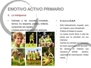 EMOTIVO ACTIVO PRIMARIO
5. La Inteligencia

•   Inclinada a los concreto, inmediato,          •   El alumno E-A-P:
    técnico. Es despierta, práctica, brillante,
                                                  -   Está habitualmente ocupado, pero
    comprende con rapidez.
                                                      es irregular y poco disciplinado.
•   Limitada para el pensamiento abstracto.       -   Prefiere el trabajo en equipo.
                                                  -   Le cuesta mucho llevar a cabo las
                                                      tareas que no coinciden con sus
                                                      intereses.
                                                  -   Cambia de actividad con frecuencia
                                                      de modo caprichoso y sin terminar.
                                                  -   Se   destaca    en    materias      que
                                                      requieren      sentido      práctico,
                                                      capacidad de improvisación, fluidez
                                                      verbal…
 