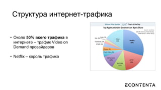 Структура интернет-трафика
• Около 50% всего трафика в
интернете – трафик Video on
Demand провайдеров
• Netflix – король трафика
 