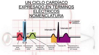 UN CICLO CARDÍACO
EXPRESADO EN TÉRMINOS
ELÉCTRICOS
NOMENCLATURA
 
