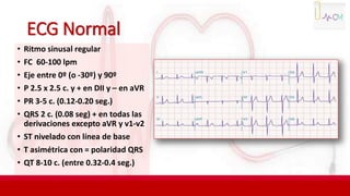 ECG Normal
• Ritmo sinusal regular
• FC 60-100 lpm
• Eje entre 0º (o -30º) y 90º
• P 2.5 x 2.5 c. y + en DII y – en aVR
• PR 3-5 c. (0.12-0.20 seg.)
• QRS 2 c. (0.08 seg) + en todas las
derivaciones excepto aVR y v1-v2
• ST nivelado con línea de base
• T asimétrica con = polaridad QRS
• QT 8-10 c. (entre 0.32-0.4 seg.)
 