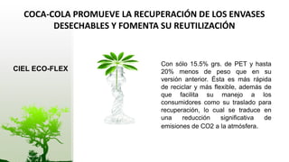 COCA-COLA PROMUEVE LA RECUPERACIÓN DE LOS ENVASES
        DESECHABLES Y FOMENTA SU REUTILIZACIÓN


                             Con sólo 15.5% grs. de PET y hasta
CIEL ECO-FLEX                20% menos de peso que en su
                             versión anterior. Ésta es más rápida
                             de reciclar y más flexible, además de
                             que facilita su manejo a los
                             consumidores como su traslado para
                             recuperación, lo cual se traduce en
                             una    reducción     significativa de
                             emisiones de CO2 a la atmósfera.
 