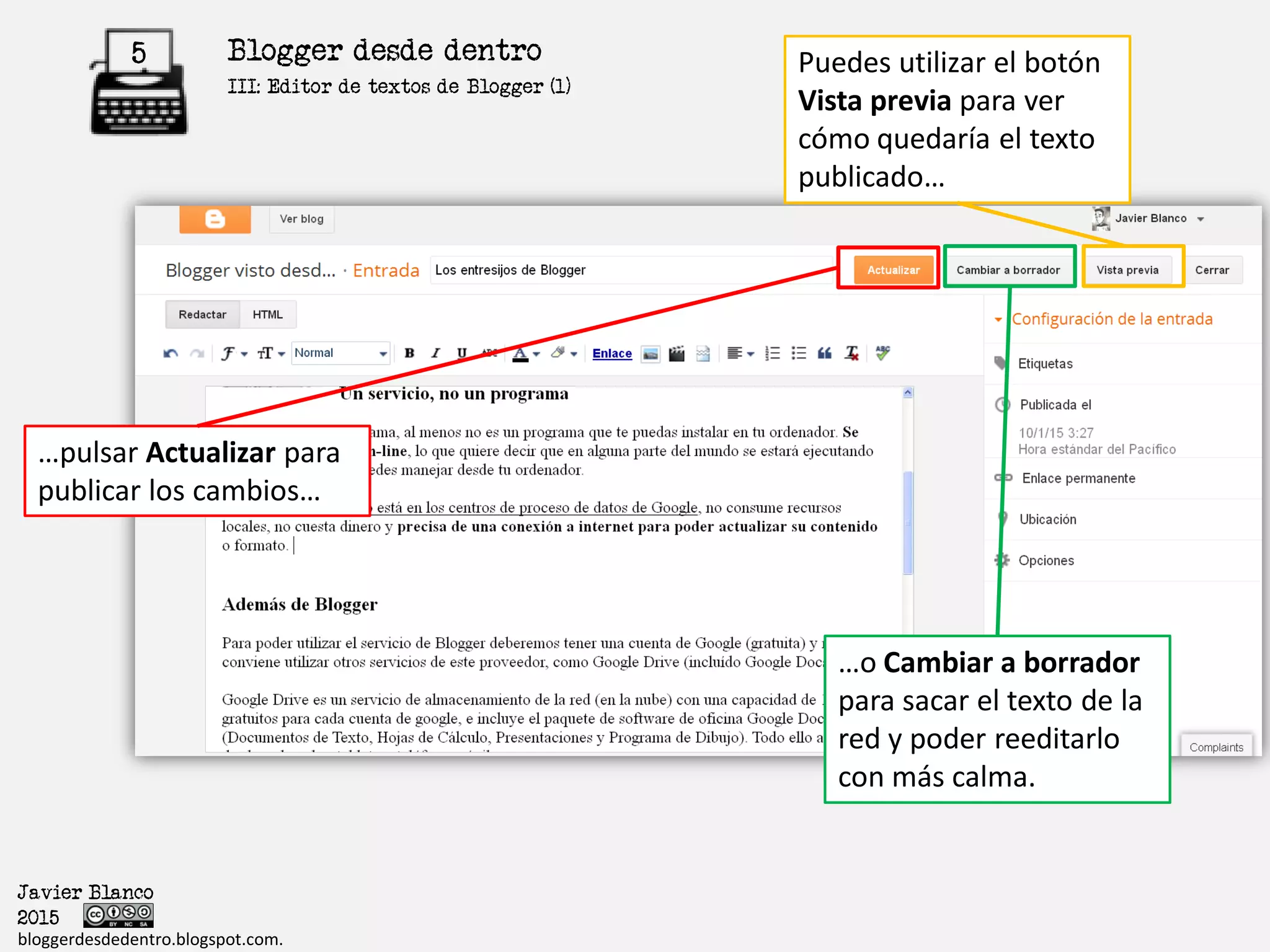 Blogger desde dentro5
Javier Blanco
2015
bloggerdesdedentro.blogspot.com.
Puedes utilizar el botón
Vista previa para ver
cómo quedaría el texto
publicado…
…pulsar Actualizar para
publicar los cambios…
…o Cambiar a borrador
para sacar el texto de la
Red y poder reeditarlo
con más calma.
III: Formato del Texto
 
