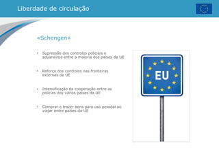 Liberdade de circulação
«Schengen»
• Supressão dos controlos policiais e
aduaneiros entre a maioria dos países da UE
• Reforço dos controlos nas fronteiras
externas da UE
• Intensificação da cooperação entre as
polícias dos vários países da UE
• Comprar e trazer bens para uso pessoal ao
viajar entre países da UE
 