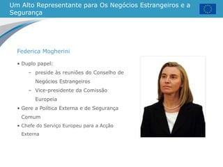 Um Alto Representante para Os Negócios Estrangeiros e a
Segurança
• Duplo papel:
– preside às reuniões do Conselho de
Negócios Estrangeiros
– Vice-presidente da Comissão
Europeia
• Gere a Política Externa e de Segurança
Comum
• Chefe do Serviço Europeu para a Acção
Externa
Federica Mogherini
 