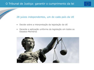 O Tribunal de Justiça: garantir o cumprimento da lei
28 juízes independentes, um de cada país da UE
• Decide sobre a interpretação da legislação da UE
• Garante a aplicação uniforme da legislação em todos os
Estados-Membros
 