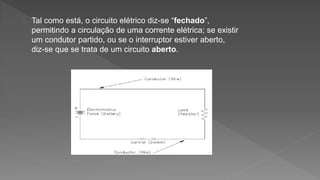 Tal como está, o circuito elétrico diz-se “fechado”, 
permitindo a circulação de uma corrente elétrica; se existir 
um condutor partido, ou se o interruptor estiver aberto, 
diz-se que se trata de um circuito aberto. 
 