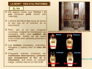LA MORT: VIDA D’ULTRATOMBALA MORT: VIDA D’ULTRATOMBA
EL KA
 Els egipcis creien que l’ànima i el
cos romanien junts durant tota
l’eternitat.
 L’ànima del difunt (ka) havia de tornar
al seu cos en el moment de la
resurrecció.
 Però, per si el cos s’hagués
corromput malgrat la momificació, es
comptava amb una estàtua de
substitució, moltes de les quals
s’han trobat amb cambres pròximes a
la tomba.
 Les tombes (mastabes, piràmides,
hipogeus o speos) eren la casa del
mort.
 D’aquesta manera s’entenen les
nombroses descripcions i pintures
que acompanyen el lloc de la
inhumació, que tenen un caràcter
màgic i cobren vida en el més enllà.
ESTÀTUA DE SUBSTITUCIÓ EN EL SERDAB O CAMBRA MORTUÒRIA
Anar a índ
 