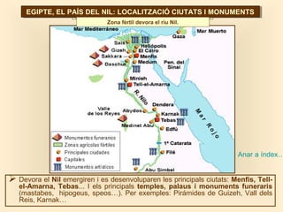  Devora el Nil emergiren i es desenvoluparen les principals ciutats: Menfis, Tell-
el-Amarna, Tebas... I els principals temples, palaus i monuments funeraris
(mastabes, hipogeus, speos…). Per exemples: Pirámides de Guizeh, Vall dels
Reis, Karnak…
EGIPTE, EL PAÍS DEL NIL: LOCALITZACIÓ CIUTATS I MONUMENTSEGIPTE, EL PAÍS DEL NIL: LOCALITZACIÓ CIUTATS I MONUMENTS
Zona fèrtil devora el riu Nil.
Anar a índex…
 