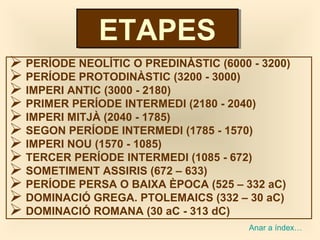  PERÍODE NEOLÍTIC O PREDINÀSTIC (6000 - 3200)
 PERÍODE PROTODINÀSTIC (3200 - 3000)
 IMPERI ANTIC (3000 - 2180)
 PRIMER PERÍODE INTERMEDI (2180 - 2040)
 IMPERI MITJÀ (2040 - 1785)
 SEGON PERÍODE INTERMEDI (1785 - 1570)
 IMPERI NOU (1570 - 1085)
 TERCER PERÍODE INTERMEDI (1085 - 672)
 SOMETIMENT ASSIRIS (672 – 633)
 PERÍODE PERSA O BAIXA ÈPOCA (525 – 332 aC)
 DOMINACIÓ GREGA. PTOLEMAICS (332 – 30 aC)
 DOMINACIÓ ROMANA (30 aC - 313 dC)
ETAPESETAPES
Anar a índex…
 