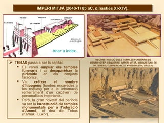 IMPERI MITJÀ (2040-1785 aC, dinasties XI-XIV).IMPERI MITJÀ (2040-1785 aC, dinasties XI-XIV).
 TEBAS passa a ser la capital.
 Es varen ampliar els temples
funeraris i va desaparèixer la
piràmide en els conjunts
faraònics.
 Va créixer el nombre
d’hipogeus (tombes excavades a
les roques) per a la inhumació
(enterrament d’un cadàver) de
personalitats importants.
 Però, la gran novetat del període
va ser la construcció de temples
monumentals per a l’adoració
d’Ammó, el déu de Tebas
(Karnak i Luxor).
RECONSTRUCCIÓ DELS TEMPLES FUNERARIS DE
MENTUHOTEP (ESQUERRE, IMPERI MITJÀ, XI DINASTIA) I DE
HATSHEPSUT (IMPERIO NOU, XVIII DINASTIA, DRETA).
Anar a índex…
 