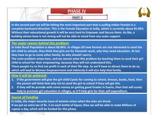 PHASE IVPHASE IV
PART II
In the second part we will be hitting the most important part that is pulling Indian Female in a 
complete backward direction. This is the Female Education in India, which is currently about 65.46%. 
Without their educational growth it will be very hard to Empower and Secure them. As like, a 
building whose base is not strong will not be able to stand from any outer support.  
The major reason behind this problem:
In India Rural Population is about 68.84%. In villages till now Parents are not interested to send the 
Girl child to schools, they think that girls are for Domestic work, why they need education. At last 
they have to go to some other family. So why should I worry.
The main problem arises here, and we cannot solve this problem by teaching them to send their girl 
child to school for their empowering, because they will not understand this.
These people try to find out profit in each of their life step. So we’ll have to attract them to do so, 
which will lead to Women Empowerment and indirectly it will also help that family. 
How it will be achieved:
1. If the government will give the girl child Cycles for coming to school, dresses, books, food, then 
the parent will think that why not to send the girl to school if they will get this.
2. If they will be provide with some money on getting good Grades in Exams, then that will surely 
help to promote girl education in villages, as it’ll help girls for their self expenditure.
Source of Funding
In India, the major security issue of women arises when the men are drunk. 
If we put an extra tax of Rs. 2 on each bottle of liquor, then we will be able to make Millions of 
rupees a day, which will be funded for this phase.
 