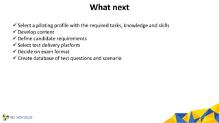 What next
✓ Select a piloting profile with the required tasks, knowledge and skills
✓ Develop content
✓ Define candidate r...