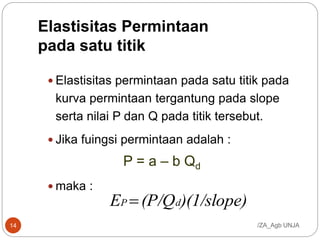 Elastisitas Permintaan
pada satu titik
 Elastisitas permintaan pada satu titik pada
kurva permintaan tergantung pada slope
serta nilai P dan Q pada titik tersebut.
 Jika fuingsi permintaan adalah :
 maka :
/ZA_Agb UNJA
)(1/slope)(P/QE dP 
14
P = a – b Qd
 