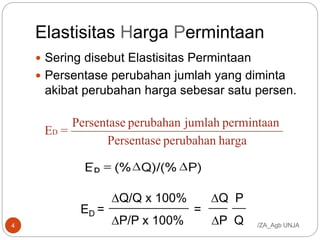 Elastisitas Harga Permintaan
 Sering disebut Elastisitas Permintaan
 Persentase perubahan jumlah yang diminta
akibat perubahan harga sebesar satu persen.
hargaperubahanPersentase
permintaanjumlahperubahanPersentase
=ED
/ZA_Agb UNJA4
Q/Q x 100% Q P
ED = =
P/P x 100% P Q
 