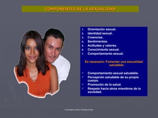 COMPONENTES DE LA SEXUALIDAD Orientación sexual. Identidad sexual. Creencias. Sentimientos. Actitudes y valores. Conocimiento sexual. Comportamiento sexual. Es necesario: Fomentar una sexualidad saludable. Comportamiento sexual saludable. Percepción saludable de su propio cuerpo. Promoción de la salud. Respeto hacia otros miembros de la sociedad. 