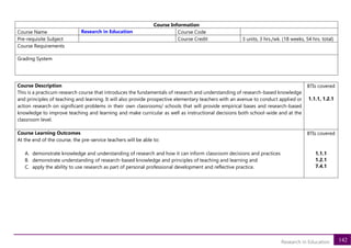 142
Research in Education
Course Information
Course Name Research in Education Course Code
Pre-requisite Subject Course Credit 3 units, 3 hrs./wk. (18 weeks, 54 hrs. total)
Course Requirements
Grading System
Course Description
This is a practicum research course that introduces the fundamentals of research and understanding of research-based knowledge
and principles of teaching and learning. It will also provide prospective elementary teachers with an avenue to conduct applied or
action research on significant problems in their own classrooms/ schools that will provide empirical bases and research-based
knowledge to improve teaching and learning and make curricular as well as instructional decisions both school-wide and at the
classroom level.
BTIs covered
1.1.1, 1.2.1
Course Learning Outcomes
At the end of the course, the pre-service teachers will be able to:
A. demonstrate knowledge and understanding of research and how it can inform classroom decisions and practices
B. demonstrate understanding of research-based knowledge and principles of teaching and learning and
C. apply the ability to use research as part of personal professional development and reflective practice.
BTIs covered
1.1.1
1.2.1
7.4.1
 