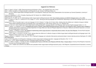 27
Content and Pedagogy in the Mother Tongue
Suggested List of References
Alidou, H., Birgit, B., & Yaya, S. (2006). Optimizing learning and education in Africa – the Language Factor. Paris, France.
Baker, C. (2006). Foundations of bilingual education and bilingualism (4th ed). Clevedon: Multilingual Matters Ltd.
Burton, L.A. (2013). Mother tongue-based multilingual education in the Philippines: Studying top-down policy implementation from the bottom up. Doctoral Dissertation, University of
Minnesota.
Corpuz, B. & Salandanan, G. (2015). Principles of teaching (with TLE). Quezon City: LORIMAR Publishing.
DepEd MTB-MLE Curriculum Guide
DepED Order No. 74. (2009, July 14). Institutionalizing mother tongue-based multilingual education (MLE). http://mlephil.wordpress.com/2009/07/18/deped-order-no-74-s-2009/.
Giron, P. R., Aguirre, R., Flojo, O. C., Gutierrez, M. R. M., & Llagas, A. T. (2016). Teaching and learning languages and multiliteracies: Responding to the MTB-MLE challenge. Quezon City: Lorimar
Publishing.
Gunigundo, M. T. (2010). The right to learn in one’s own language. In R. M. D. Nolasco, F. A. Datar, & A. M. Azurin (Eds.), Starting where the children are: A collection of essays on Mother
tongue-based multilingual education and language issues in the Philippines (pp. 78–80). Diliman, Quezon City: 170+ Talaytayan MLE.
Mahboob, A., & Cruz, P. (2013). English and mother tongue-based multilingual education: Language attitudes in the Philippines. Asian Journal of English Language Studies, (1), 1–19.
Metila, R., Pradilla, L. A., & Williams, A. (2017). Investigating best practice in Mother Tongue-Based Multilingual Education (MTB-MLE) in the Philippines, Phase 3 progress report: Strategies of
exemplar schools. Report prepared for Australian Department of Foreign Affairs and Trade and Philippine Department of Education. Melbourne and Manila: Assessment, Curriculum
and Technology Research Centre (ACTRC).
Metila, R., Pradilla, L., & Williams, A. (2016). The challenge of implementing mother tongue education in linguistically diverse contexts: The case of the Philippines. The Asia-Pacific Education
Researcher. doi: 10.1007/s40299-016-0310-5
Nolasco, R. M. D., Datar, F. A., & Azurin, A. M. (Eds.). (2010). Starting where the children are: A collection of essays on Mother tongue-based multilingual education and language issues in the
Philippines. Diliman, Quezon City: 170+ Talaytayan MLE.
Pflepsen, A, Benson, C., Chabbott, C., & Van Ginkel, A.J. (2015). Planning for language use in education: Best practices and practical steps to improve learning outcome. Washington, DC: USAID.
PPST-RPMS Manual
Tupas, R. (2015). Inequalities of multilingualism: Challenges to mother tongue-based multilingual education. Language and Education, 29 (2), 112–124.
Van Ginkel, A. J. (2014). Additive language learning for multilingual settings. Washington, DC: USAID.
Williams, A., Metila, R., Pradilla, L. A., & Digo, M. (2014). Investigating Best Practice in MTB-MLE in the Philippines MTB-MLE: Phase 1 Progress Report. University of the Philippines: Assessment,
Curriculum and Technology Research Centre.
Young, C. (2011). Enablers and constraints of an effective and sustainable mother tongue-based multilingual education policy in the Philippines. (Unpublished doctoral dissertation). University
of Bangor.
 
