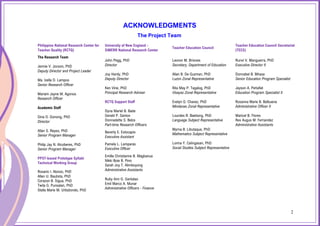 2
ACKNOWLEDGMENTS
The Project Team
Philippine National Research Center for
Teacher Quality (RCTQ)
University of New England -
SiMERR National Research Center
Teacher Education Council
Teacher Education Council Secretariat
(TECS)
The Research Team
Jennie V. Jocson, PhD
Deputy Director and Project Leader
Ma. Izella D. Lampos
Senior Research Officer
Mariam Jayne M. Agonos
Research Officer
Academic Staff
Gina O. Gonong, PhD
Director
Allan S. Reyes, PhD
Senior Program Manager
Philip Jay N. Alcoberes, PhD
Senior Program Manager
PPST-based Prototype Syllabi
Technical Working Group
Rosario I. Alonzo, PhD
Allen U. Bautista, PhD
Corazon B. Sigua, PhD
Twila G. Punsalan, PhD
Stella Marie M. Urbiztondo, PhD
John Pegg, PhD
Director
Joy Hardy, PhD
Deputy Director
Ken Vine, PhD
Principal Research Adviser
RCTQ Support Staff
Dyna Mariel B. Bade
Gerald P. Santos
Donnadette S. Belza
Part-time Research Officers
Beverly E. Estocapio
Executive Assistant
Pamela L. Lamparas
Executive Officer
Emille Christianne B. Magbanua
Nikki Boie B. Pino
Sarah Joy T. Alimboyong
Administrative Assistants
Ruby Ann G. Gantalao
Emil Marco A. Munar
Administrative Officers - Finance
Leonor M. Briones
Secretary, Department of Education
Allan B. De Guzman, PhD
Luzon Zonal Representative
Rita May P. Tagalog, PhD
Visayas Zonal Representative
Evelyn G. Chavez, PhD
Mindanao Zonal Representative
Lourdes R. Baetiong, PhD
Language Subject Representative
Myrna B. Libutaque, PhD
Mathematics Subject Representative
Lorina Y. Calingasan, PhD
Social Studies Subject Representative
Runvi V. Manguerra, PhD
Executive Director II
Donnabel B. Bihasa
Senior Education Program Specialist
Jayson A. Peñafiel
Education Program Specialist II
Rosanna Marie B. Balbuena
Administrative Officer II
Maricel B. Flores
Rex Augus M. Fernandez
Administrative Assistants
2
 
