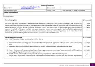 68
Teaching Social Studies in the Intermediate Grades
Course Information
Course Name
Teaching Social Studies in the
Intermediate Grades
Course Code
Pre-requisite Subject Course Credit 3 units, 3 hrs/wk (18 weeks, 54 hrs total)
Course Requirements
Grading System
Course Description
This course shall equip the pre service teachers with the technological, pedagogical and content knowledge (TPCK) necessary for
them to effectively teach Social Studies to diverse learners in the intermediate grades. In this course, the curriculum content of
Araling Panlipunan in Grades IV to VI (Philippine Geography, History and Government, the appropriate teaching strategies and
assessment methods will be given emphasis to prepare students to become elementary grades teachers. Facilitating discussion,
reflecting, finding and utilizing appropriate social studies resources, planning and teaching a lesson to an entire class in the
intermediate grades shall form part of the authentic and experiential activities of the course.
BTIs covered
1.1.1, 1.2.1,
3.2.1, 4.1.1,
4.2.1, 4.5.1,
5.1.1
Course Learning Outcomes
At the end of the course, the pre-service teachers will be able to:
A. Demonstrate content knowledge and research-based knowledge and its application within/or across curriculum teaching
areas
B. Implement teaching strategies that are responsive to learners’ backgrounds and special educational needs
C. Prepare developmentally-sequenced teaching and learning processes using a variety of resources, including ICT, to address
learning goals aligned with curriculum requirements
D. Identify learning outcomes that are aligned with learning competencies in the intermediate grades
E. Design, select, organize and use appropriate and varied assessment strategies consistent with the curriculum requirements
BTIs covered
1.1.1, 1.2.1
3.2.1, 3.4.1
4.1.1, 4.5.1
4.2.1
5.1.1
 