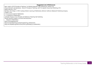80
Teaching Mathematics in the Primary Grades
Suggested List of References
Agno, Lydia N. (2010) Principles of Teaching 2. As Modular Approach: C&E Publishing Inc. Quezon City
Corpuz ,Brenda B. and Salandanan , Gloria G. Principles of Teaching ( with TLE ),Quezon City,Lorimar Publishing, 2015.
DepEd Order #8, s. 2015
Kennedy, L.M. & Tipps, S. (1997). Guiding Children’s Learning of Mathematics. Belmont: California: Wadsworth Publishing Company.
(Chapter 3 & 4)
K-12 Curriculum Guide for Mathematics
K-12 Textbooks for Mathematics
Lardizabal, Amparo S. et.al, Principles and Methods of Teaching. Rex Publishing
Teacher Induction Program Curriculum and Instructions
Module 6.3 Mathematics
https://lrmds.deped.gov.ph/
http://innovativelearning.com/teaching/teaching_methods.html
https://en.wikipedia.org/wiki/Constructivism_(philosophy_of_mathematics)
 