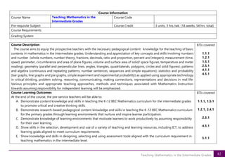 82
Teaching Mathematics in the Intermediate Grades
Course Description
The course aims to equip the prospective teachers with the necessary pedagogical content knowledge for the teaching of basic
contents in mathematics in the intermediate grades. Understanding and appreciation of key concepts and skills involving numbers
and number (whole numbers, number theory, fractions, decimals, ratio and proportion, percent and integers); measurement (time,
speed, perimeter, circumference and area of plane figures, volume and surface area of solid/ space figures, temperature and meter
reading); geometry (parallel and perpendicular lines, angles, triangles, quadrilaterals, polygons, circles and solid figures); patterns
and algebra (continuous and repeating patterns, number sentences, sequences and simple equations); statistics and probability
(bar graphs, line graphs and pie graphs, simple experiment and experimental probability) as applied using appropriate technology
in critical thinking, problem solving, reasoning, communicating, making connections, representations and decisions in real life.
Various principles and appropriate teaching approaches, methods and techniques associated with Mathematics Instruction
towards assuming responsibility for independent learning will be emphasized.
BTIs covered
1.1.1
1.2.1
1.5.1
2.5.1
4.1.1
4.5.1
Course Learning Outcomes
At the end of the course, the pre-service teachers will be able to:
A. Demonstrate content knowledge and skills in teaching the K-12 BEC Mathematics curriculum for the intermediate grades
to promote critical and creative thinking skills.
B. Demonstrate research-based pedagogical content knowledge and skills in teaching the K-12 BEC Mathematics curriculum
for the primary grades through learning environments that nurture and inspire learner participation.
C. Demonstrate knowledge of learning environments that motivate learners to work productively by assuming responsibility
for their own learning.
D. Show skills in the selection, development and use of a variety of teaching and learning resources, including ICT, to address
learning goals aligned to meet curriculum requirements.
E. Show knowledge and skills in designing, selecting and using assessment tools aligned with the curriculum requirement in
teaching mathematics in the intermediate level.
BTIs covered
1.1.1, 1.5.1
1.2.1, 2.4.1
2.5.1
4.5.1
5.1.1
Course Information
Course Name Teaching Mathematics in the
Intermediate Grades
Course Code
Pre-requisite Subject Course Credit 3 units, 3 hrs./wk. (18 weeks, 54 hrs. total)
Course Requirements
Grading System
 