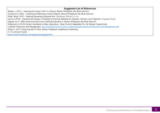 92
Edukasyong Pantahanan at Pangkabuhayan
Suggested List of References
Basbas, L. (2017) - Learning and Living in the 21st Century. Manila, Philippines, Rex Book Store Inc.
Enriqie et al. (1995) – Teaching the Elementary School Subjects. Manila, Philippines, Rex Book Store Inc.
Miller, Boyd (1970) – Teaching Elementary Industrial Arts Goodheart-Willcox Co., Inc.
Varnum (2018) – Industrial Arts Design: A Textbook of Practical Methods for Students, Teachers, and Craftsmen. Forgotten Books
Dagoon et al. (1990) Home Economics and Livelihood Education 6. Manila, Philippines, Rex Book Store Inc.
Shekara et al. (2016) Farmers Handbook on Basic Agriculture. Desai Fruits & Vegetables Pvt. Ltd. Navsari, Gujarat India
Livestock Production and Management. http://www.agrimoon.com/wp-content/uploads/Livestock-Production-and-Management.pdf
Roxas, C. (2017) Enhancing Skill in HELE. Manila, Philippines, Brighthouse Publishing
k-12 Curriculum Guide
https://www.mindtools.com/pages/article/gagne.htm
 