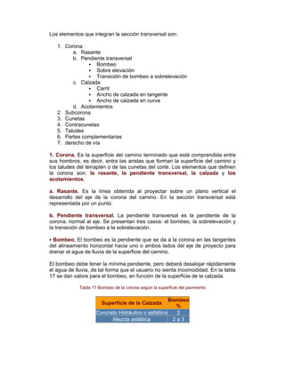 Los elementos que integran la sección transversal son:
1. Corona
a. Rasante
b. Pendiente transversal
Bombeo
Sobre elevación
Transición de bombeo a sobrelevación
c. Calzada
Carril
Ancho de calzada en tangente
Ancho de calzada en curva
d. Acotamientos
2. Subcorona
3. Cunetas
4. Contracunetas
5. Taludes
6. Partes complementarias
7. derecho de vía
1. Corona. Es la superficie del camino terminado que está comprendida entre
sus hombros, es decir, entra las aristas que forman la superficie del camino y
los taludes del terraplén o de las cunetas del corte. Los elementos que definen
la corona son: la rasante, la pendiente transversal, la calzada y los
acotamientos.
a. Rasante. Es la línea obtenida al proyectar sobre un plano vertical el
desarrollo del eje de la corona del camino. En la sección transversal está
representada por un punto.
b. Pendiente transversal. La pendiente transversal es la pendiente de la
corona, normal al eje. Se presentan tres casos: el bombeo, la sobrelevación y
la transición de bombeo a la sobrelevación.
▪ Bombeo. El bombeo es la pendiente que se da a la corona en las tangentes
del alineamiento horizontal hacia uno o ambos lados del eje de proyecto para
drenar el agua de lluvia de la superficie del camino.
El bombeo debe tener la mínima pendiente, pero deberá desalojar rápidamente
el agua de lluvia, de tal forma que el usuario no sienta incomodidad. En la tabla
17 se dan valore para el bombeo, en función de la superficie de la calzada.
Tabla 17 Bombeo de la corona según la superficie del pavimento
Superficie de la Calzada
Bombeo
%
Concreto Hidráulico o asfáltico 2
Mezcla asfáltica 2 a 3
 