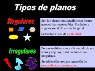 Son los planos más sencillos con formas
geométricas reconocibles. Sus lados y
ángulos son de la misma longitud.
Sensación visual de estabilidad.

Presentan diferencias en la medida de sus
lados y ángulos, o sus contornos son
irregulares.
Su utilización produce sensación de
inestabilidad y movimiento.

 