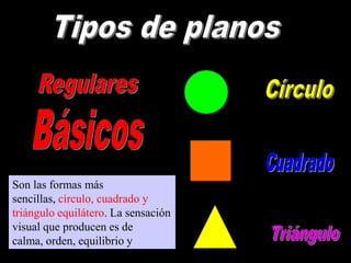 Son las formas más
sencillas, círculo, cuadrado y
triángulo equilátero. La sensación
visual que producen es de
calma, orden, equilibrio y
estabilidad

 