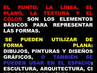 EL
PUNTO,
LA
LÍNEA,
EL
PLANO, LA TEXTURA Y EL
COLOR SON LOS ELEMENTOS
BÁSICOS PARA REPRESENTAR
LAS FORMAS.
SE
PUEDEN
UTILIZAR
DE
FORMA
PLANA:
DIBUJOS, PINTURAS Y DISEÑOS
GRÁFICOS,
O
TAMBIÉN
SE
PUEDEN USAR EN EL ESPACIO:
ESCULTURA, ARQUITECTURA, CI

 