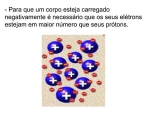 - Para que um corpo esteja carregado negativamente é necessário que os seus elétrons estejam em maior número que seus prótons. 