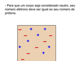   +  +     +    +     +     +      +      - Para que um corpo seja considerado neutro, seu número elétrons deve ser igual ao seu número de prótons. 