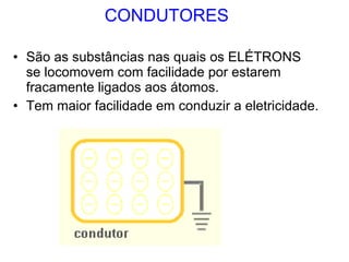 CONDUTORES São as substâncias nas quais os ELÉTRONS  se locomovem com facilidade por estarem fracamente ligados aos átomos. Tem maior facilidade em conduzir a eletricidade. 