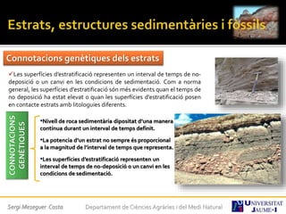 Sergi Meseguer Costa Departament de Ciències Agràries i del Medi Natural
Connotacions genètiques dels estrats
Les superfícies d’estratificació representen un interval de temps de no-
deposició o un canvi en les condicions de sedimentació. Com a norma
general, les superfícies d’estratificació són més evidents quan el temps de
no deposició ha estat elevat o quan les superfícies d’estratificació posen
en contacte estrats amb litologuies diferents.
CONNOTACIONS
GENÈTIQUES
•Nivell de roca sedimentària dipositat d’una manera
contínua durant un interval de temps definit.
•La potencia d’un estrat no sempre és proporcional
a la magnitud de l’interval de temps que representa.
•Les superfícies d’estratificació representen un
interval de temps de no-deposició o un canvi en les
condicions de sedimentació.
 