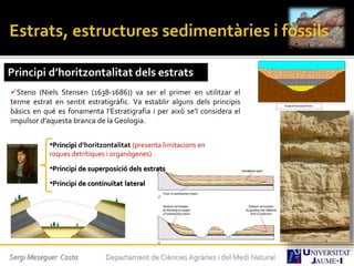 Sergi Meseguer Costa Departament de Ciències Agràries i del Medi Natural
Principi d’horitzontalitat dels estrats
Steno (Niels Stensen (1638-1686)) va ser el primer en utilitzar el
terme estrat en sentit estratigràfic. Va establir alguns dels principis
bàsics en què es fonamenta l’Estratigrafia i per això se’l considera el
impulsor d’aquesta branca de la Geologia.
•Principi d’horitzontalitat (presenta limitacions en
roques detrítiques i organògenes)
•Principi de superposició dels estrats
•Principi de continuïtat lateral
 