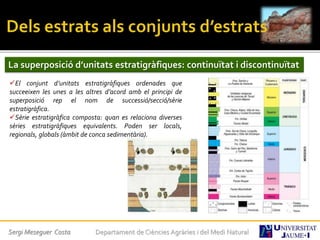 Sergi Meseguer Costa Departament de Ciències Agràries i del Medi Natural
La superposició d’unitats estratigràfiques: continuïtat i discontinuïtat
El conjunt d’unitats estratigràfiques ordenades que
succeeixen les unes a les altres d’acord amb el principi de
superposició rep el nom de successió/secció/sèrie
estratigràfica.
Sèrie estratigràfica composta: quan es relaciona diverses
sèries estratigràfiques equivalents. Poden ser locals,
regionals, globals (àmbit de conca sedimentària).
 