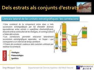 Sergi Meseguer Costa Departament de Ciències Agràries i del Medi Natural
L’encaix lateral de les unitats estratigràfiques: les correlacions
Una correlació és la comparació entre dues o més
successions estratigràfiques per tal d’establir diverses
equivalències entre estrats o superfícies d’estratitificació,
d’acord amb la continuïtat de les litologies, el contingut fòssil
o l’edat dels estrats.
Les correlacions permeten relacionar lateralment
successions estratigràfiques separades en l’espai i que
corresponen a un interval de temps semblant.
Criteris de correlació: cadascun dels caràcters utilitzats per
realitzar la correlació.
Criteris
• litològics
•Paleontològics
•geofísics
 