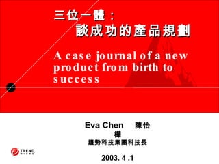 三位一體： 談成功的產品規劃 A case journal of a new product from birth to success Eva Chen 　 陳怡樺 趨勢科技集團科技長 2003. 4 .1 