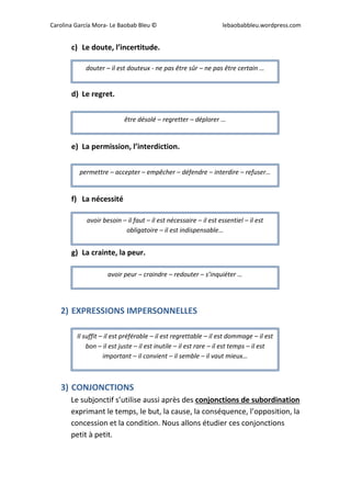 Carolina García Mora- Le Baobab Bleu © lebaobabbleu.wordpress.com
c) Le doute, l’incertitude.
d) Le regret.
e) La permission, l’interdiction.
f) La nécessité
g) La crainte, la peur.
2) EXPRESSIONS IMPERSONNELLES
3) CONJONCTIONS
Le subjonctif s’utilise aussi après des conjonctions de subordination
exprimant le temps, le but, la cause, la conséquence, l’opposition, la
concession et la condition. Nous allons étudier ces conjonctions
petit à petit.
douter – il est douteux - ne pas être sûr – ne pas être certain …
être désolé – regretter – déplorer …
permettre – accepter – empêcher – défendre – interdire – refuser…
avoir besoin – il faut – il est nécessaire – il est essentiel – il est
obligatoire – il est indispensable…
avoir peur – craindre – redouter – s’inquiéter …
Il suffit – il est préférable – il est regrettable – il est dommage – il est
bon – il est juste – il est inutile – il est rare – il est temps – il est
important – il convient – il semble – il vaut mieux…
 