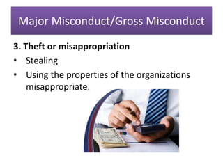 Major Misconduct/Gross Misconduct
3. Theft or misappropriation
• Stealing
• Using the properties of the organizations
misappropriate.
 