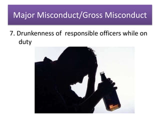 Major Misconduct/Gross Misconduct
7. Drunkenness of responsible officers while on
duty
 