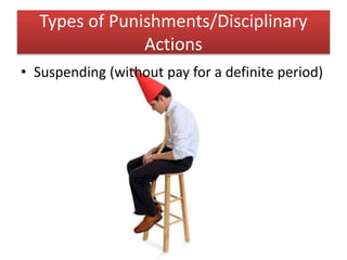 Types of Punishments/Disciplinary
Actions
• Suspending (without pay for a definite period)
 
