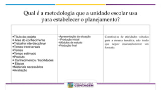 Qual é a metodologia que a unidade escolar usa
para estabelecer o planejamento?
PROJETO DIDÁTICO SEQUÊNCIA DIDÁTICA SEQUÊNCIA DE
ATIVIDADES
Título do projeto
 Área do conhecimento
Trabalho interdisciplinar
Temas transversais
Temas
Tempo estimado
Produto
 Conhecimentos / habilidades
 Etapas
Materiais necessários
Avaliação
•Apresentação da situação
• Produção inicial
•Módulos de estudo
•Produção final
Constitui-se de atividades voltadas
para a mesma temática, não tendo
que seguir necessariamente um
formato.
 
