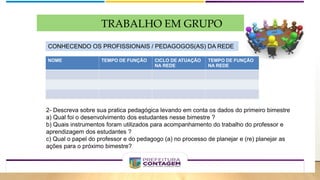 TRABALHO EM GRUPO
CONHECENDO OS PROFISSIONAIS / PEDAGOGOS(AS) DA REDE
NOME TEMPO DE FUNÇÃO CICLO DE ATUAÇÃO
NA REDE
TEMPO DE FUNÇÃO
NA REDE
2- Descreva sobre sua pratica pedagógica levando em conta os dados do primeiro bimestre
a) Qual foi o desenvolvimento dos estudantes nesse bimestre ?
b) Quais instrumentos foram utilizados para acompanhamento do trabalho do professor e
aprendizagem dos estudantes ?
c) Qual o papel do professor e do pedagogo (a) no processo de planejar e (re) planejar as
ações para o próximo bimestre?
 