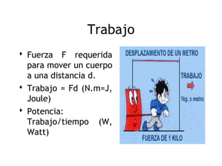 Trabajo
 Fuerza F requerida
  para mover un cuerpo
  a una distancia d.
 Trabajo = Fd (N.m=J,
  Joule)
 Potencia:
  Trabajo/tiempo (W,
  Watt)

                          3
 