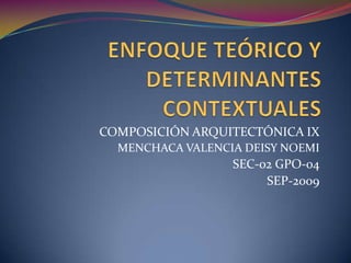 ENFOQUE TEÓRICO Y DETERMINANTES CONTEXTUALES COMPOSICIÓN ARQUITECTÓNICA IX MENCHACA VALENCIA DEISY NOEMI SEC-02 GPO-04 SEP-2009 