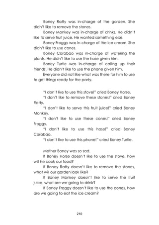 210
Boney Ratty was in-charge of the garden. She
didn’t like to remove the stones.
Boney Monkey was in-charge of drinks. He didn’t
like to serve fruit juice. He wanted something else.
Boney Froggy was in-charge of the ice cream. She
didn’t like to use cones.
Boney Carabao was in-charge of watering the
plants. He didn’t like to use the hose given him.
Boney Turtle was in-charge of calling up their
friends. He didn’t like to use the phone given him.
Everyone did not like what was there for him to use
to get things ready for the party.
“I don’t like to use this stove!” cried Boney Horse.
“I don’t like to remove these stones!” cried Boney
Ratty.
“I don’t like to serve this fruit juice!” cried Boney
Monkey.
“I don’t like to use these cones!” cried Boney
Froggy.
“I don’t like to use this hose!” cried Boney
Carabao.
“I don’t like to use this phone!” cried Boney Turtle.
Mother Boney was so sad.
If Boney Horse doesn’t like to use the stove, how
will he cook our food?
If Boney Ratty doesn’t like to remove the stones,
what will our garden look like?
If Boney Monkey doesn’t like to serve the fruit
juice, what are we going to drink?
If Boney Froggy doesn’t like to use the cones, how
are we going to eat the ice cream?
 