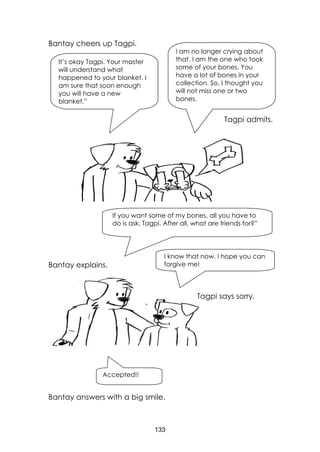 133
Bantay cheers up Tagpi.
Bantay explains.
Bantay answers with a big smile.
It’s okay Tagpi. Your master
will understand what
happened to your blanket. I
am sure that soon enough
you will have a new
blanket,”
I am no longer crying about
that. I am the one who took
some of your bones. You
have a lot of bones in your
collection. So, I thought you
will not miss one or two
bones.
Tagpi admits.
If you want some of my bones, all you have to
do is ask, Tagpi. After all, what are friends for?”
I know that now. I hope you can
forgive me!
Tagpi says sorry.
Accepted!!
 
