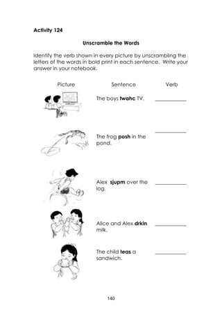 140
Activity 124
Unscramble the Words
Identify the verb shown in every picture by unscrambling the
letters of the words in bold print in each sentence. Write your
answer in your notebook.
Picture Sentence Verb
The boys twahc TV. ____________
The frog posh in the
pond.
____________
Alex sjupm over the
log.
____________
Alice and Alex drkin
milk.
____________
The child teas a
sandwich.
____________
 